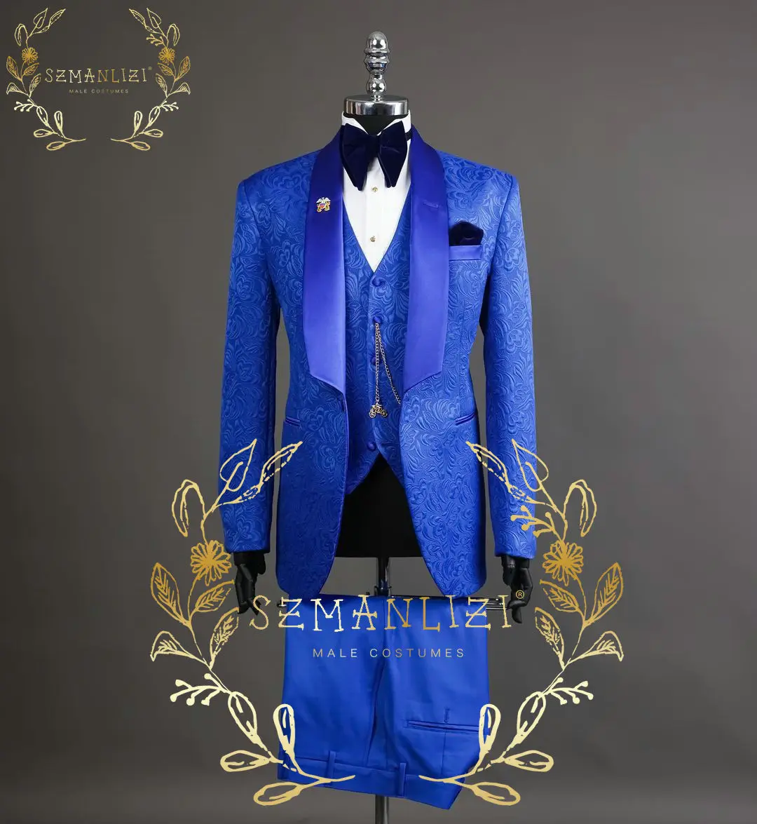 Men Suits For Wedding 2023 Latest Design Custom Made Royal Blue Jacquard Smoking Tuxedo Jacket 3 Piece Groom Terno Suits For Men
