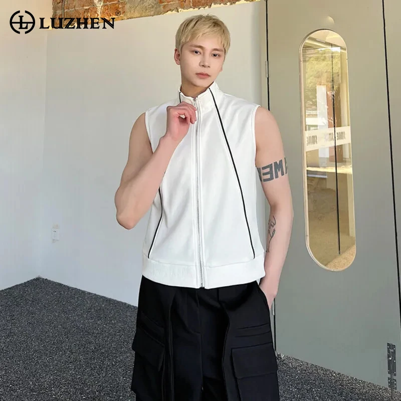 

LUZHEN 2024 Fashion Color Contrast Line Splicing Zipper Design Men's Sleeveless Tank Top Summer Trendy High Street Vest C18807