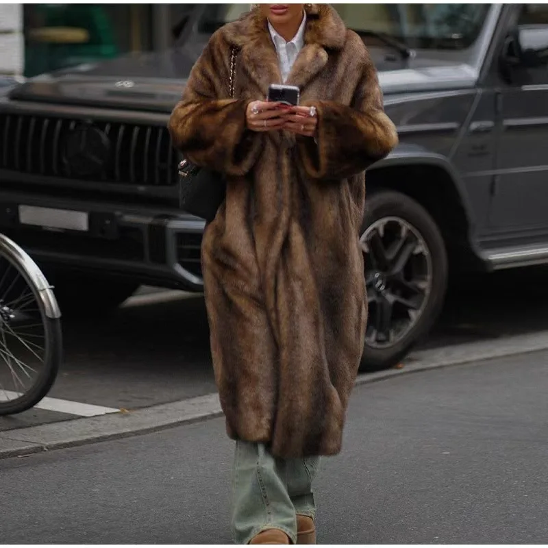 Luxury High-end Fluffy Women Chic Faux Fur Long Overcoat Dark Brown Winter Warm Trench Coat Thick Fur Jacket Windproof Outerwear