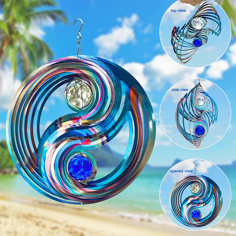 PSATHENATI Wind Spinner Double pearl crystal 12in 3D Stainless Steel Art Geometric Pattern Hanging Kinetic Yard Art Decorations