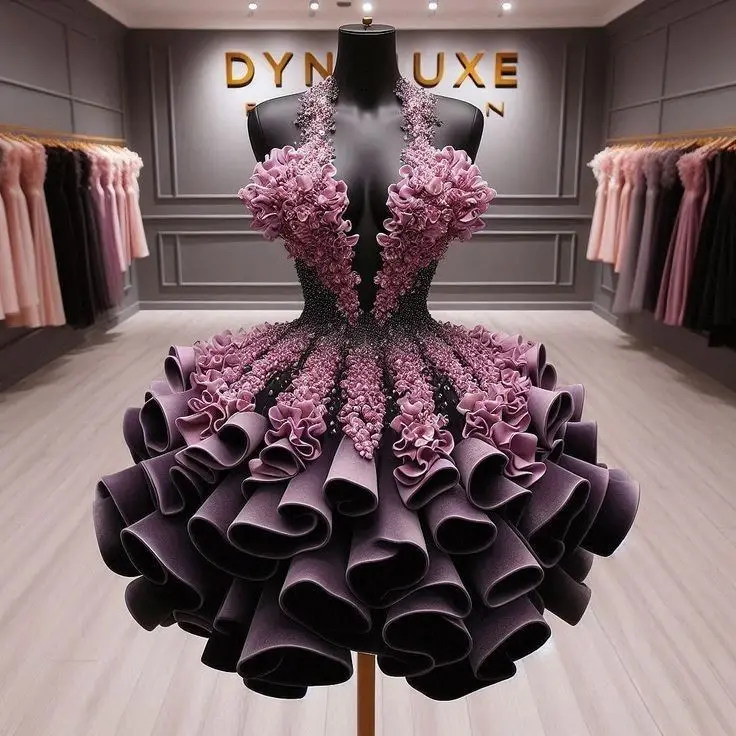 Grape Color 3D Appliques Halter Prom Dress Shining Beaded Ruffles Puffy Short Evening Gown Knee Length Cocktail Party Dress