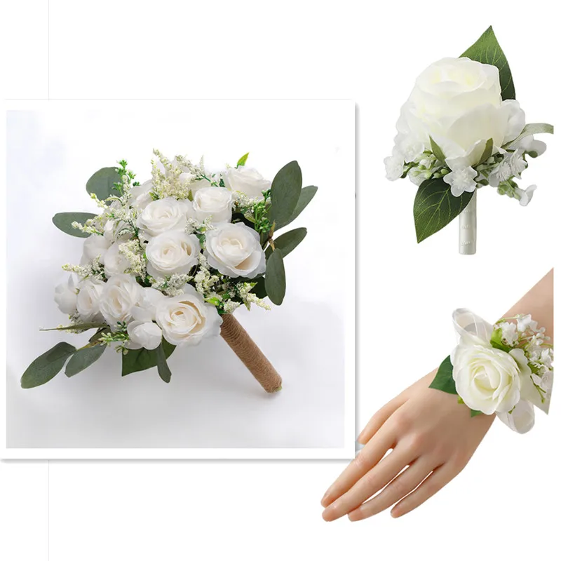 Ivory Wedding Bouquets for Bride Bridesmaid with Corsage and Boutonniere Set of 3 White Artificial Roses Flowers Bridal Bouquet