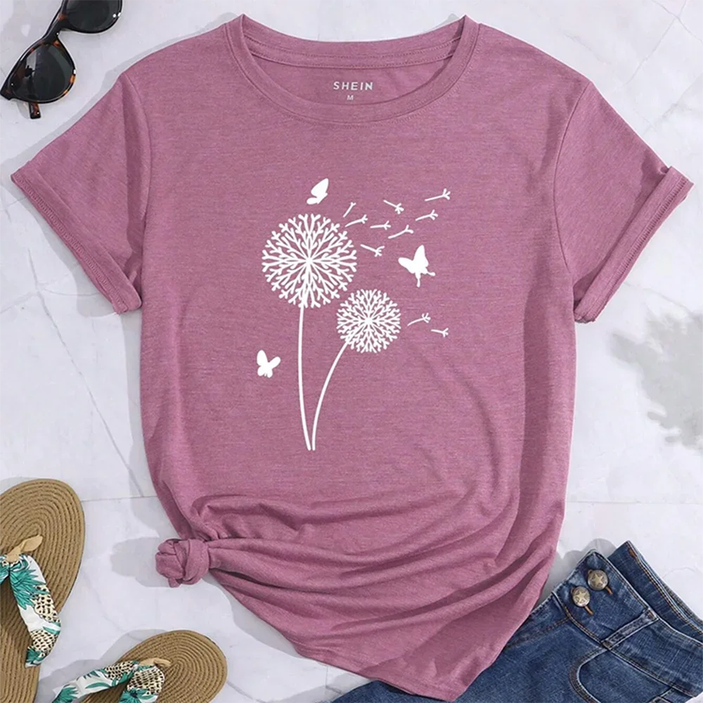 Women's new dandelion pattern round neck printed loose women's top Y2K style T-shirt casual breathable fresh short sleeves