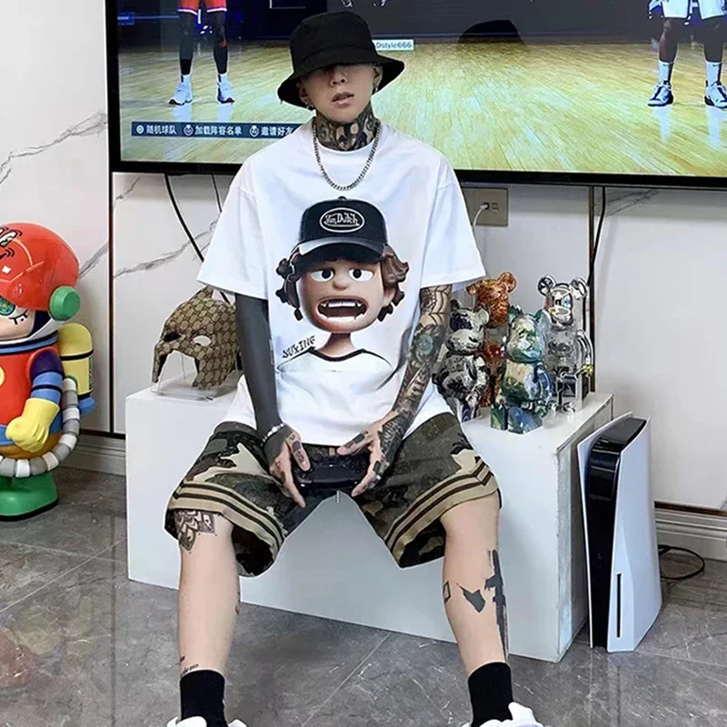 

2023 I Call The Boy American Retro Cartoon Character Loose Couple Short Sleeve Summer Trend Cotton Half Sleeve Men's T-shirt