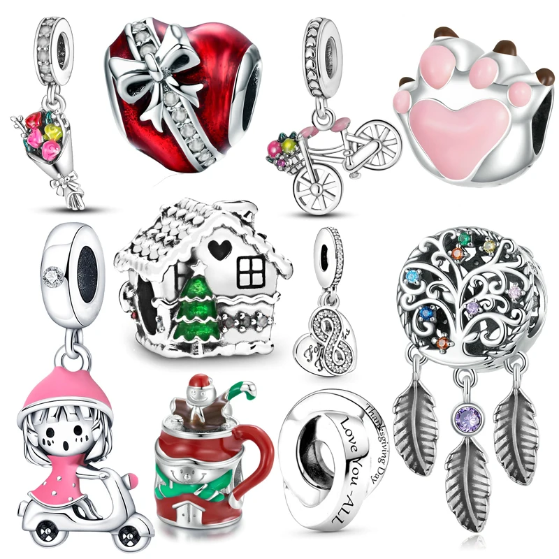 

Christmas Coffee Cup Bear Dreamcatcher House Beads Pendants Fit Original Pandora Charms Silver Color Bracelet DIY Women Jewelry
