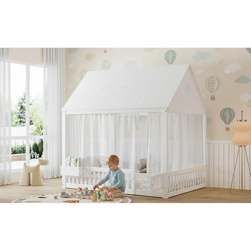 140x200cm Weißes Einzelbett, Babybett, Filigrane Fenster- und Dachdetails, mit Weißen Vorhängen und Kleinem Stauraum – Detail 13