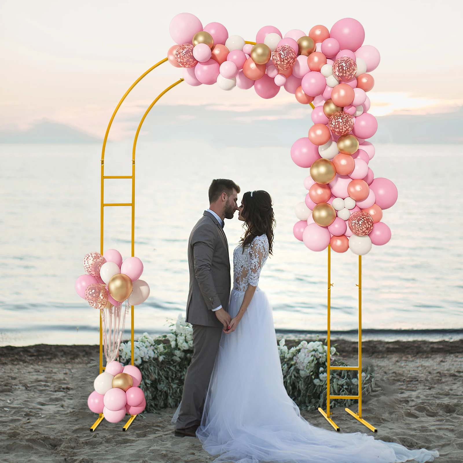2.2m Gold/White Wedding Arch Stand Metal Backdrop Frame with Stable Base DIY Event Decor for Flowers Balloons Garden Outdoor