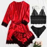 Pyjama Sexy pour femmes, chemises de nuit, Lingerie, short, 4 pièces, Camisole en dentelle, ensemble pyjama, Robe de maison, vêtements de loisirs 2