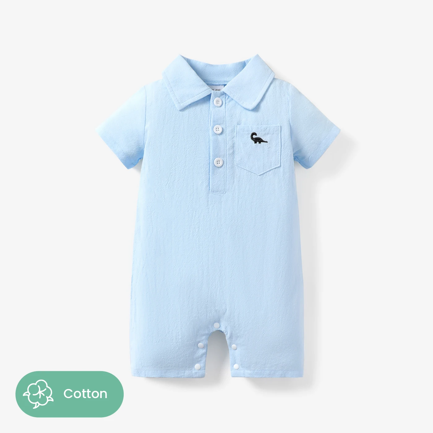 

PatPat Baby Boy 100% Cotton Front Buttons Pocket with Dinosaur Pattern Lapel Neck Solid Jumpsuit