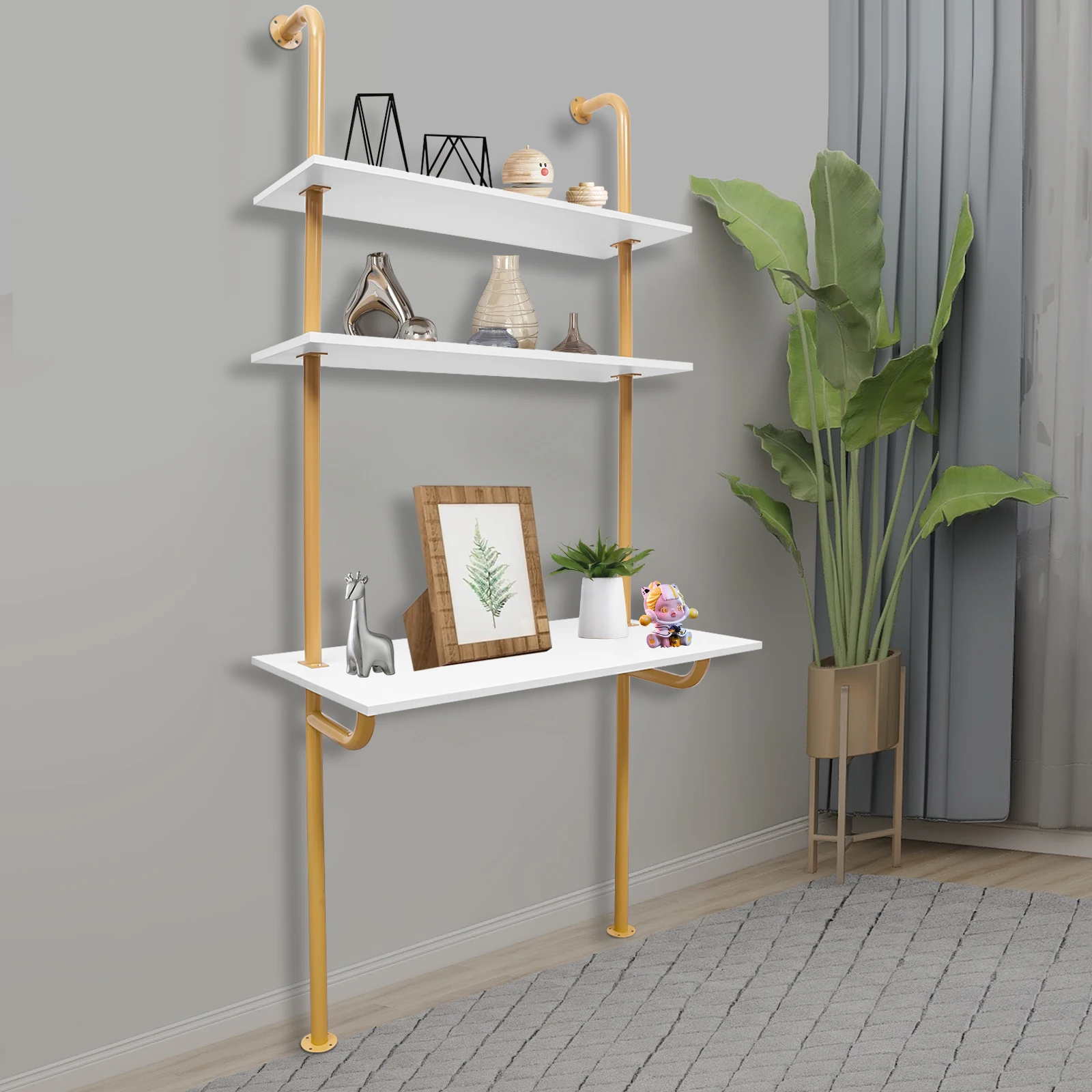 Wall Mount Desk 3 Tiers Computer Writing Table Laptop Industrial Bookcase Floating Pipe Ladder with Shelf for Home Office School 4