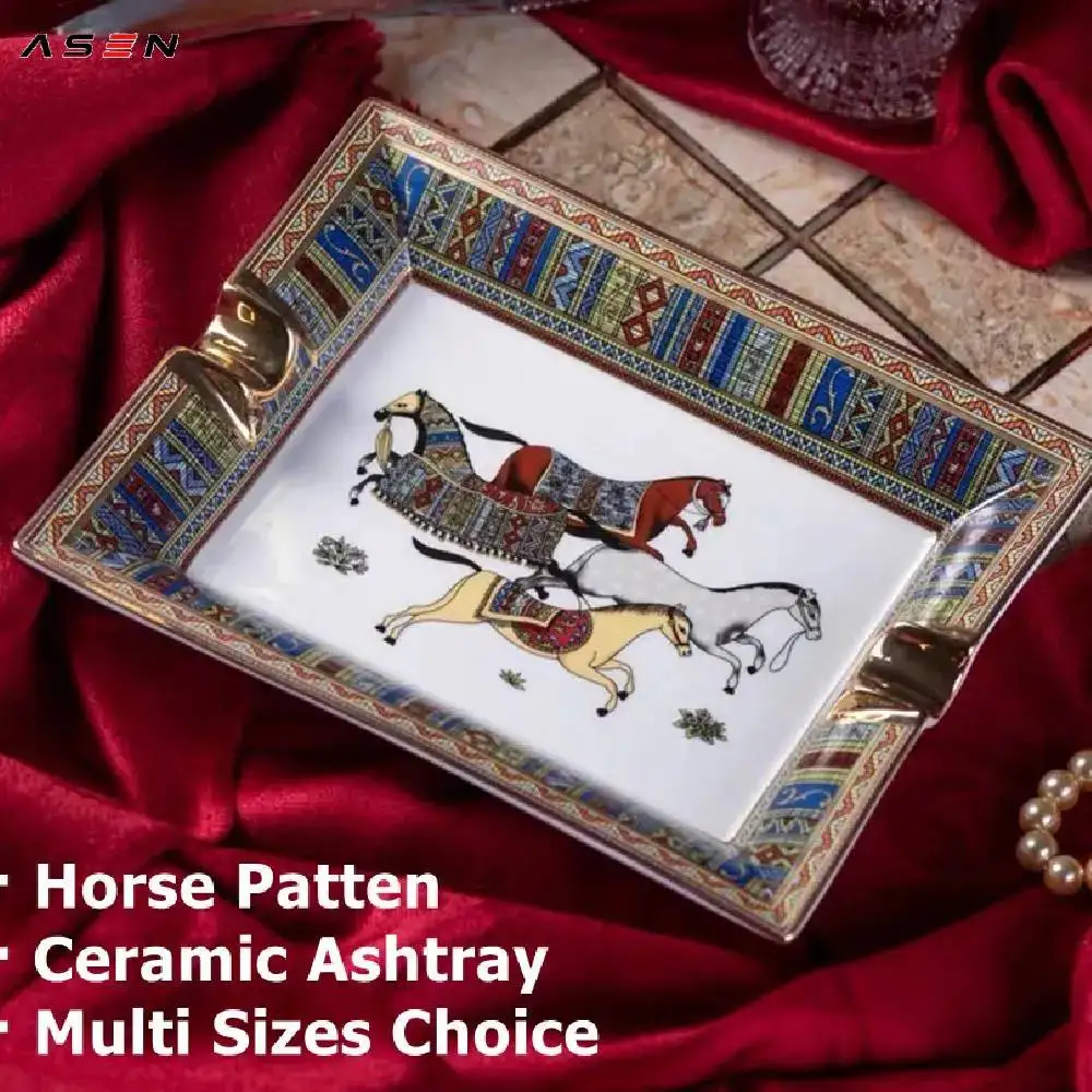 

Handmade Horse Patten Art Grid Ceramic Cigar Ashtray Nice Luxury Smoke Ash Tray Holder Cigars Home Table Desk Accessories Decor