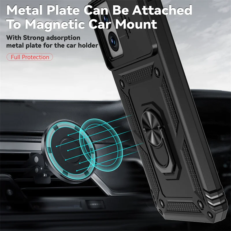 Shockproof Armor Phone Case with Magnetic Ring Holder and Slide Lens Protector