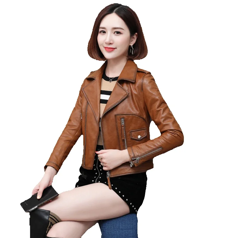 

Весенняя новая одежда из овечьей кожи Женская одежда из натуральной кожи короткое повседневное приталенное мотоциклетное пальто