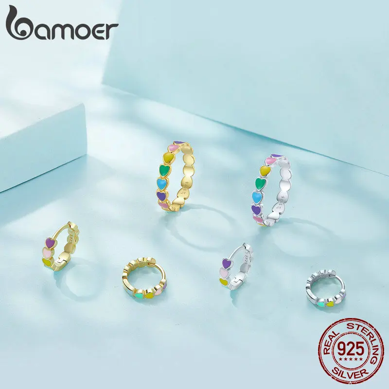 925 Sterling Silver Rainbow Series Heart to Heart Ring & Earrings Jewelry Set for Women Fine Jewelry Gift jewelry set silver jewelry set