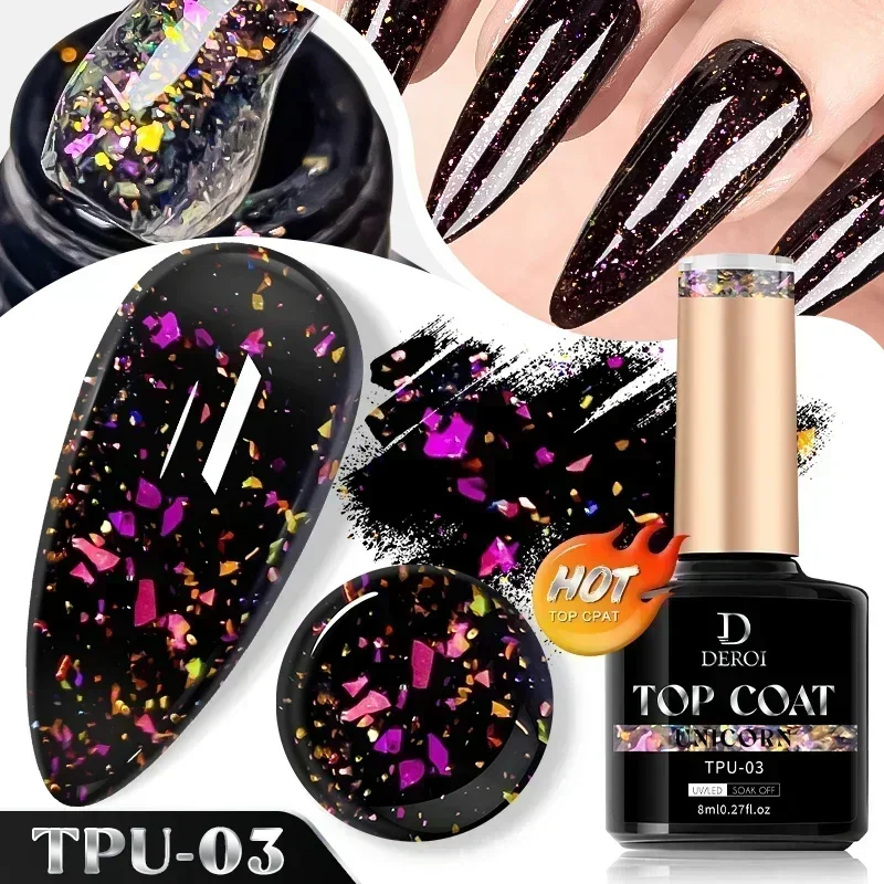DEROI Top Coat Flash No Wipe Top Coat Glitter Sliver Topcoat Diamond Auroral Varnish Soak Off Flake UV/LED Gel Polish Nail Art 6