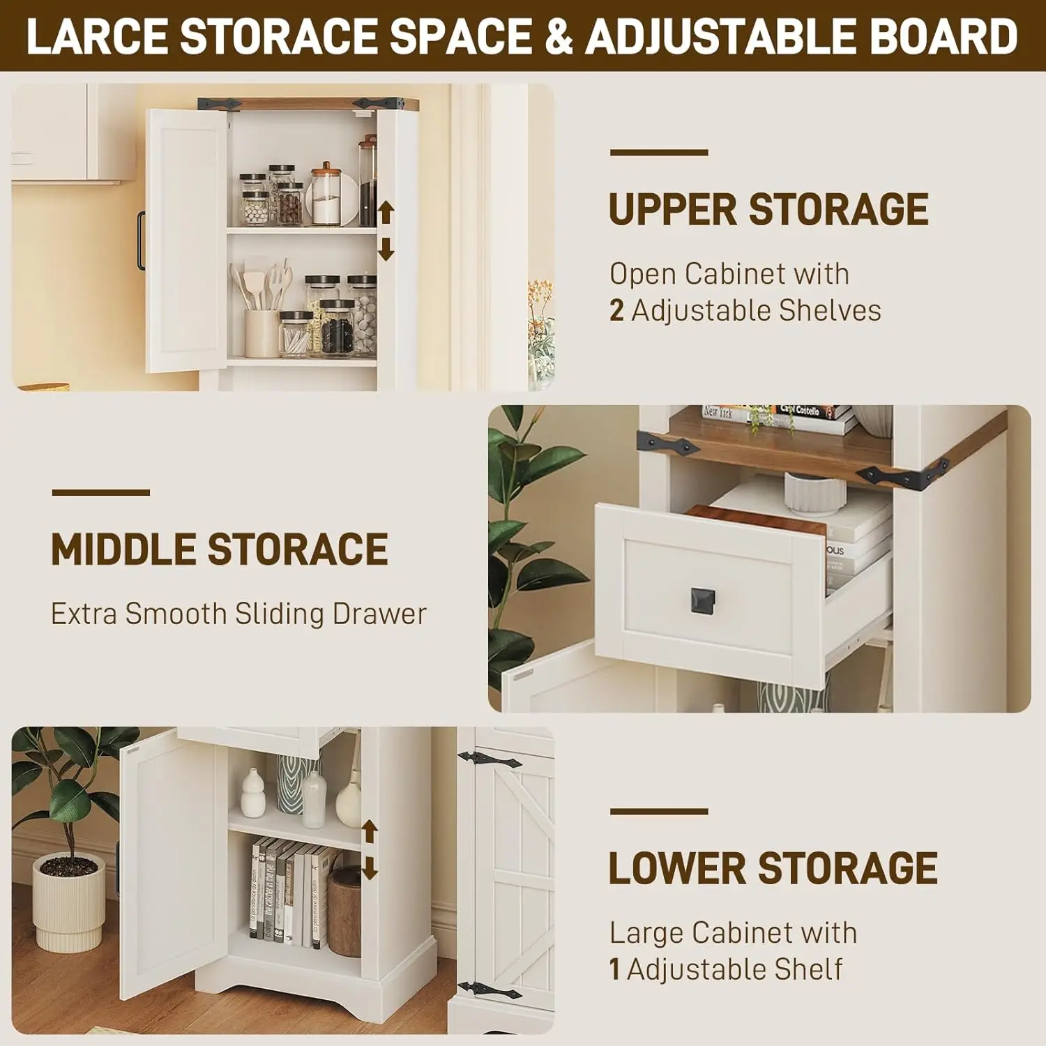 66" Tall Farmhouse Bathroom Storage Cabinet with Barn Doors and Drawer, Narrow Storage Unit, Adjustable Shelves & 5-Tier Space,