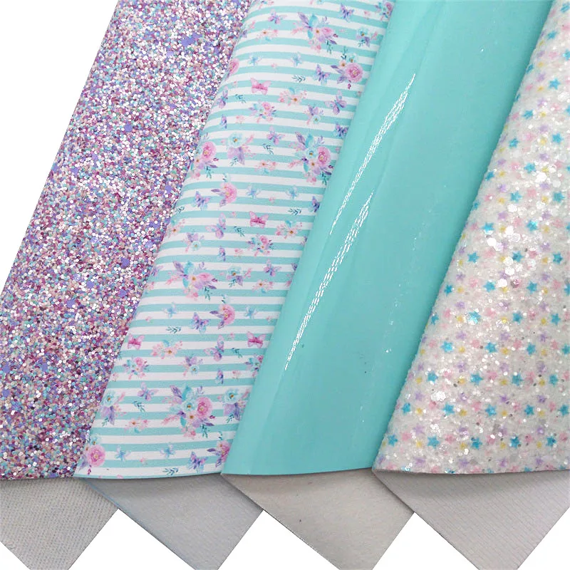 Pastel Blue Synthetic Leather Glossy Patent Leather Stars Printed Glitter Vinyl Fabric For Bows Bags DIY 21x29CM 30x134cm Q1890