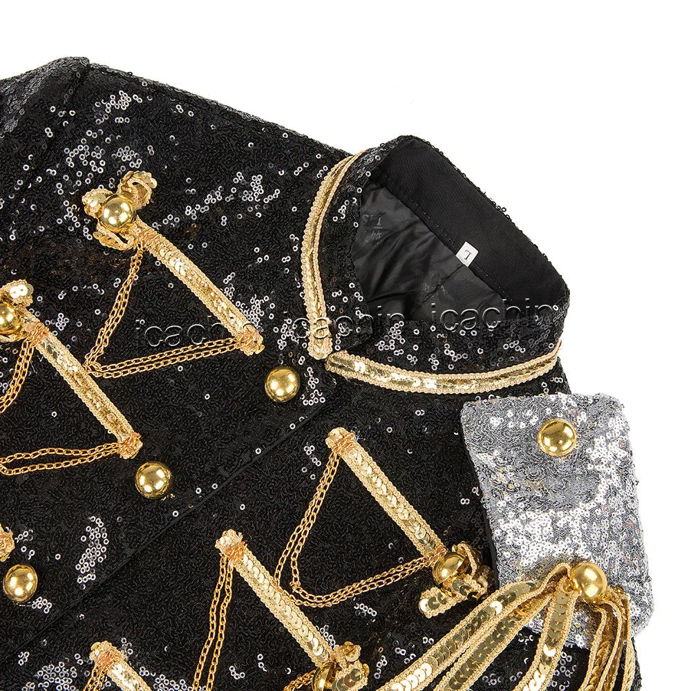 Men Sequin Uniform Stage Jacket MJ Costume Blazer Masculino Black Red Blue Silver Glitter EXO Suit 4