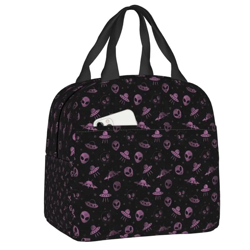 

Aliens Space Star And UFOs Pattern Insulated Lunch Tote Bag for Women Resuable Cooler Thermal Food Lunch Box Outdoor Camp Travel