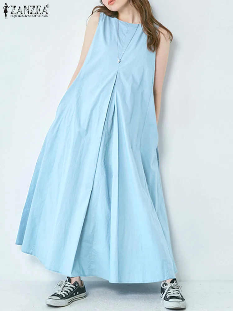 

ZANZEA Women Sleeveless Vestidos Korean Fashion Solid Maxi Dress Holiday Pockets Tank Dresses O-neck 2023 Summer Long Robes