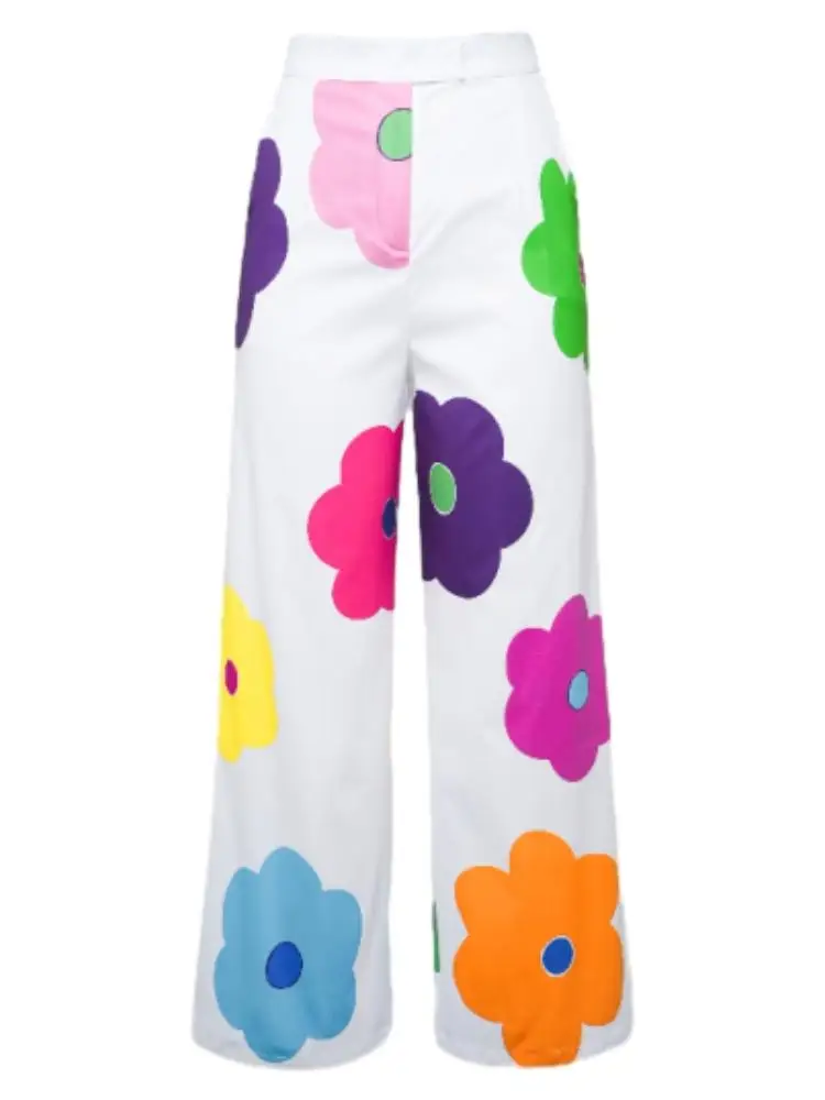 Freeacy 2024 New Pants for Women Summer Casual Bottoms Colorful Flower Printed High Wiasted Wide Leg Trousers Floor Length Pants