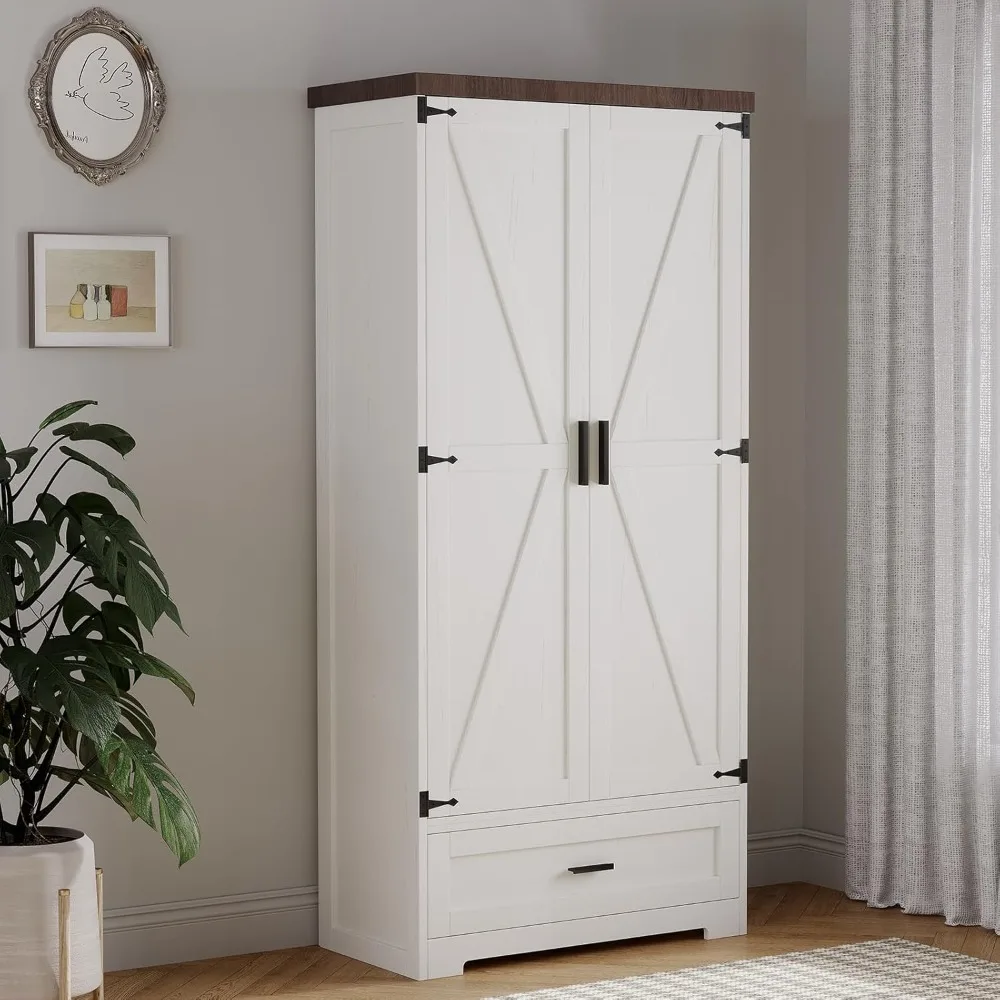 Farmhouse Kitchen Pantry Cabinet 72" Tall Wood Kitchen Storage Cabinets Adjustable Shelves 2 Barn Doors Drawer