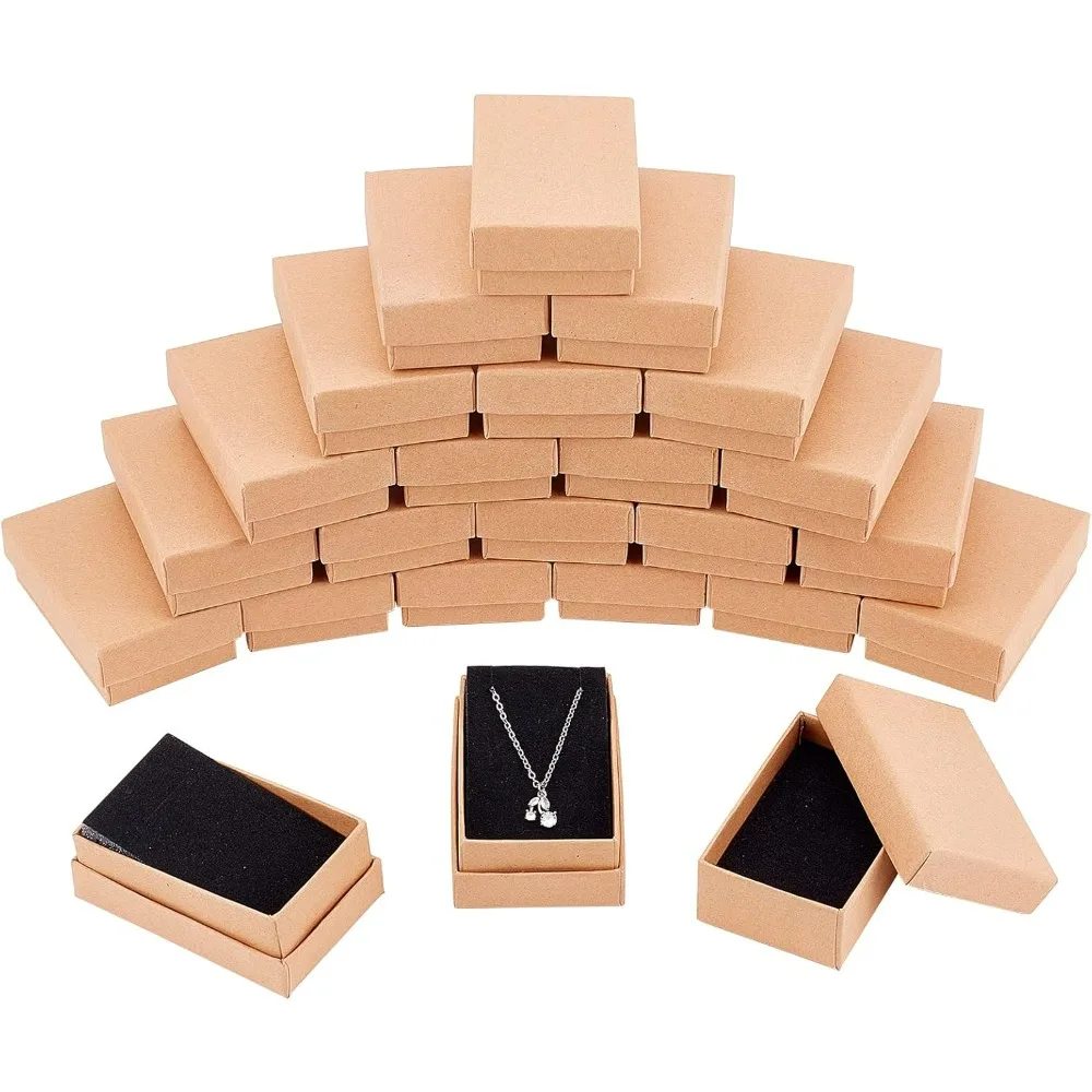 24 Pcs Rectangle Jewelry Box, 3.1x2x1" Tan Cardboard Jewelry Boxes Kraft Paper Gift Packaging Boxes Christmas Gift Paper