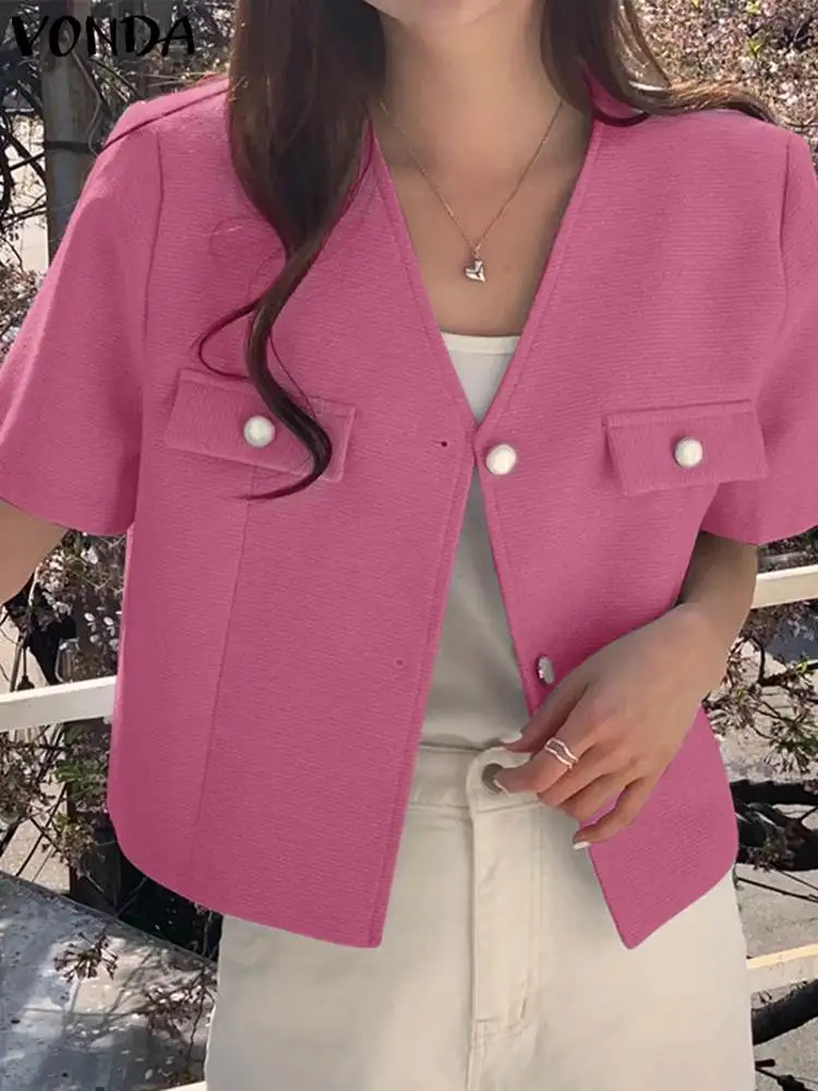 

VONDA Fashion Coats Women Blazer 2023 Summer Short Sleeve Blazer Sexy V-Neck Casual Solid Color Loose OL Style Outwear Blusas