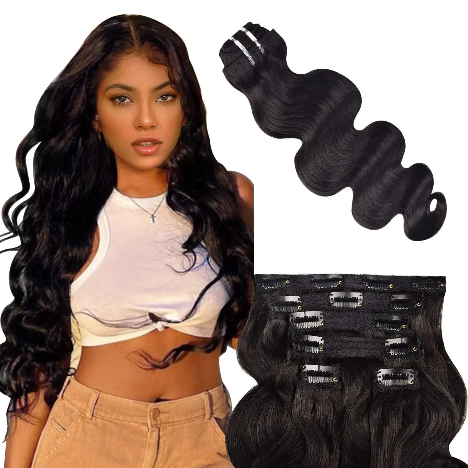 Clip In Hair Extensions For Women Body Wave Human Hair Natural Color Full Head Brazilian Virgin Total 8 Items Net 120 g