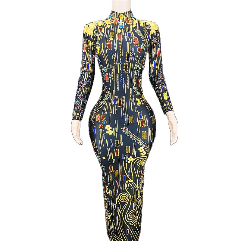 

Rhinestone Women Colorful Sexy Black Spandex Long Sleeves Dress Birthday Prom Costume