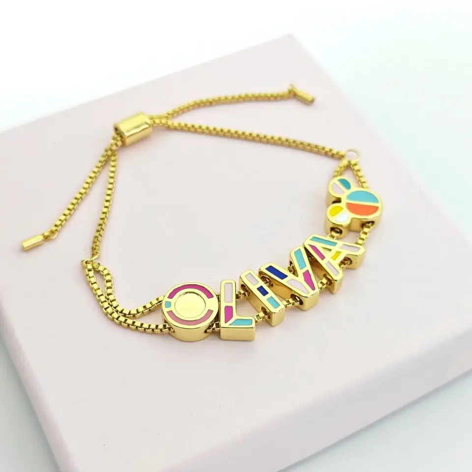 Custom Enamel Letter Bracelet with Heart Charms