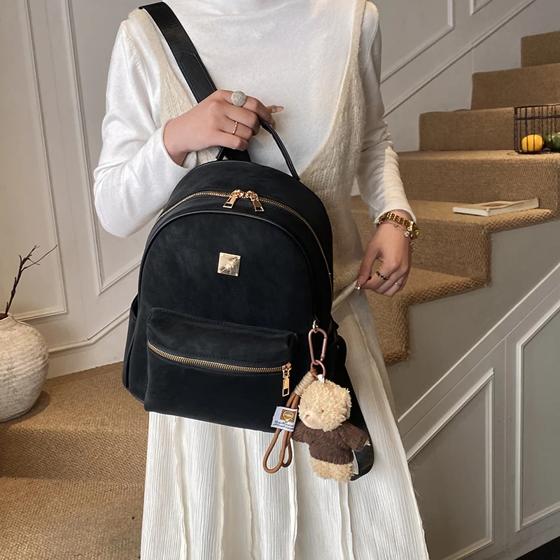 High Quality Fashion Backpacks For Women Pure Color Large Capacity Rucksack With Bear Pendant Casual Street Travelling Knapsacks - 5