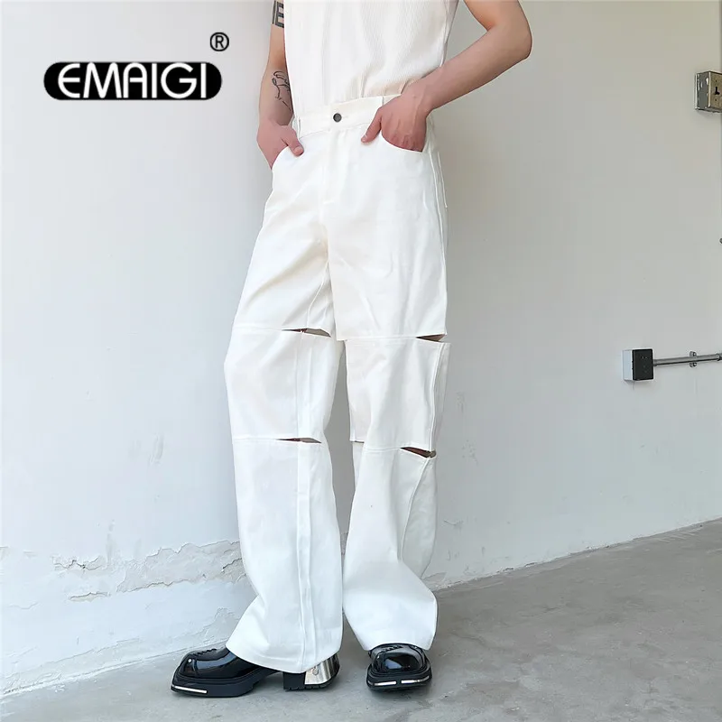 

Men Leg Hollow Straight Loose Casual Pants Japan Korean Streetwear Hip Hop Pants and Trousers Male Stage Clothing