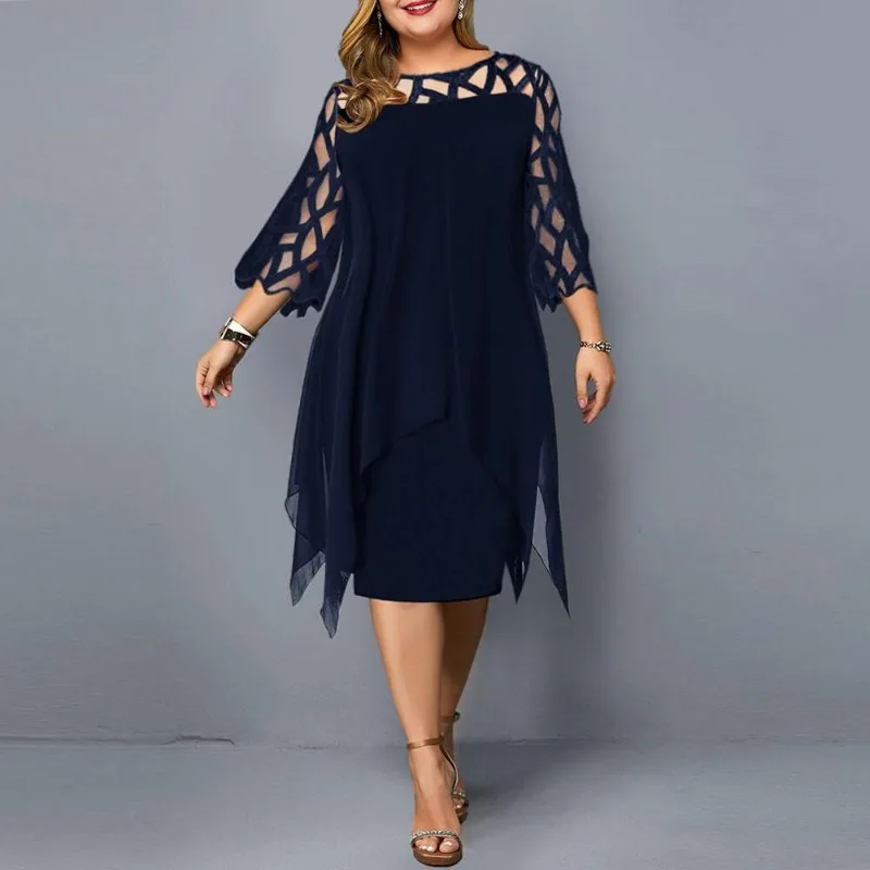 

Summer Short Sleeve Chiffon Dress Women Elegant Lace Stitching Midi Dresses Casual O Neck Irregular A Line Party Dress 6XL 28142