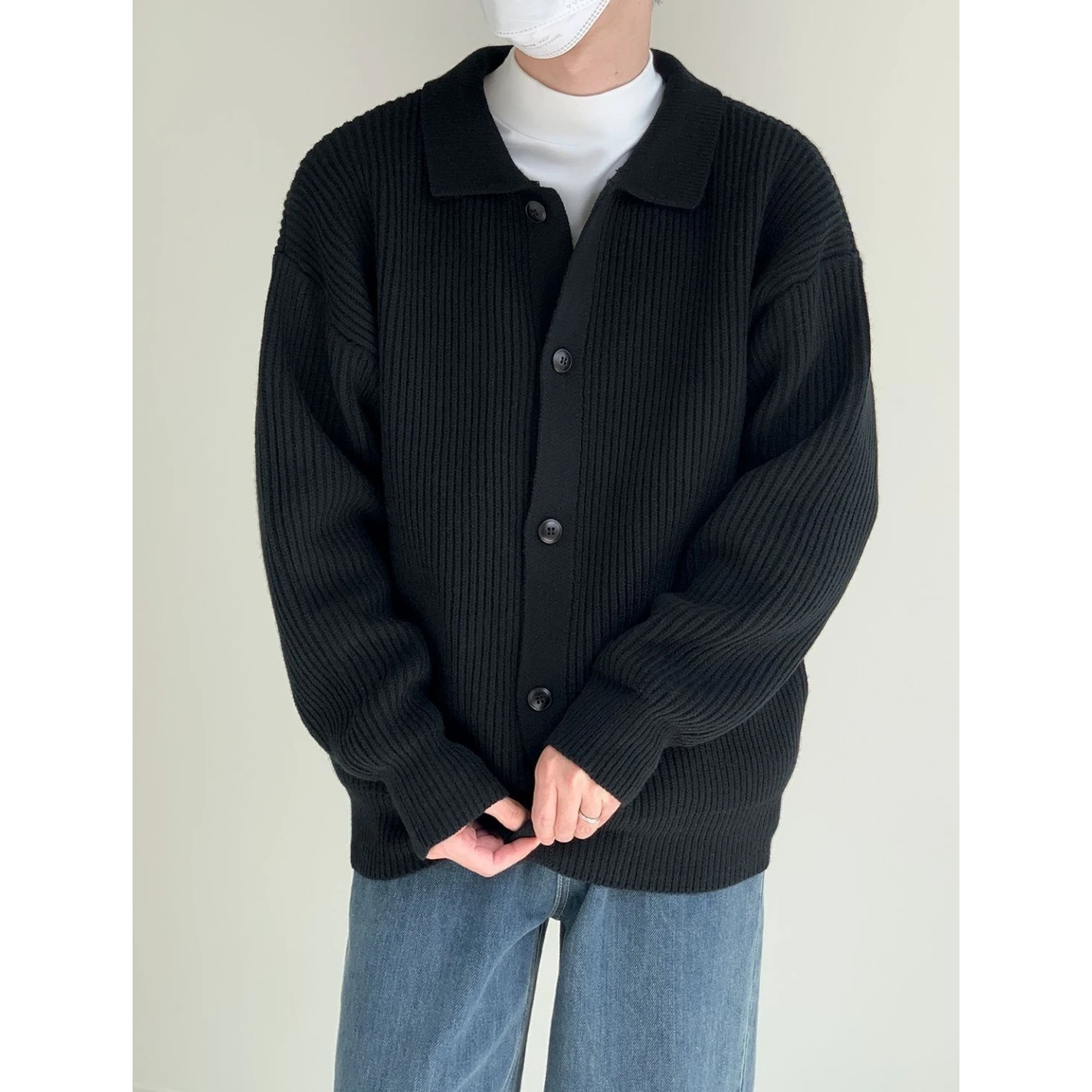 Autumn Fashion Casual Simple Mens Cardigans Sweater Solid Color Lapel Button Loose Long Sleeve Knitted Cardigan Sweater Coat