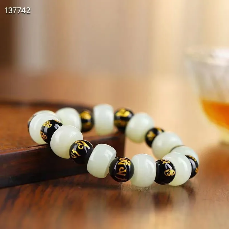 

Natural 100% real white hetian jade Carving 8mm Barrel beads bracelets for couples woman men Gift with jade bracelet Bless peace