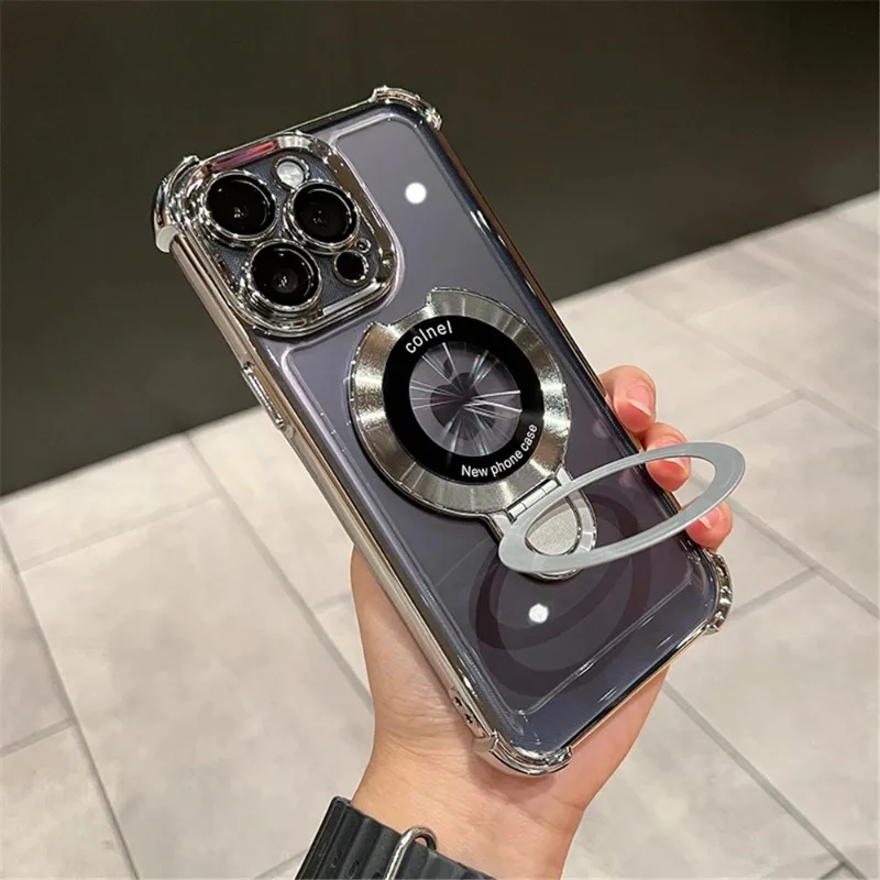 Luxury Plating Shockproof Magnetic Bracket Clear Phone Case with Holder Stand