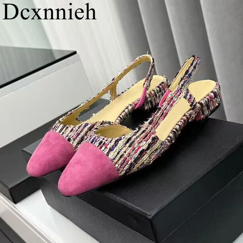 

New Pointed Toe canvas sandals Women's Square Heel Mixed Colors sandals Retro Single shoes Summer outdoor vacation shoe