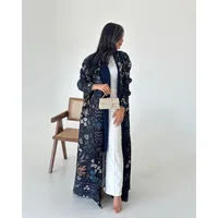 KAF Pleated Women Luxury Trench 2025 Spring Fall New Vintage Printed Cardigan Design Loose Large Size Arabian Female Abaya 5