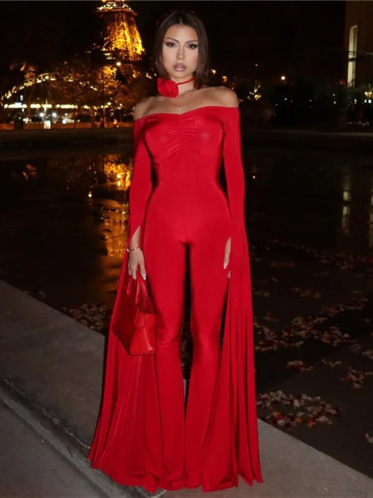 Long Sleeve Skinny Jumpsuit Red Off the Shoulder Pleated Backless Sexy Overalls Autumn Winter Women Elegant Club Party Outfits