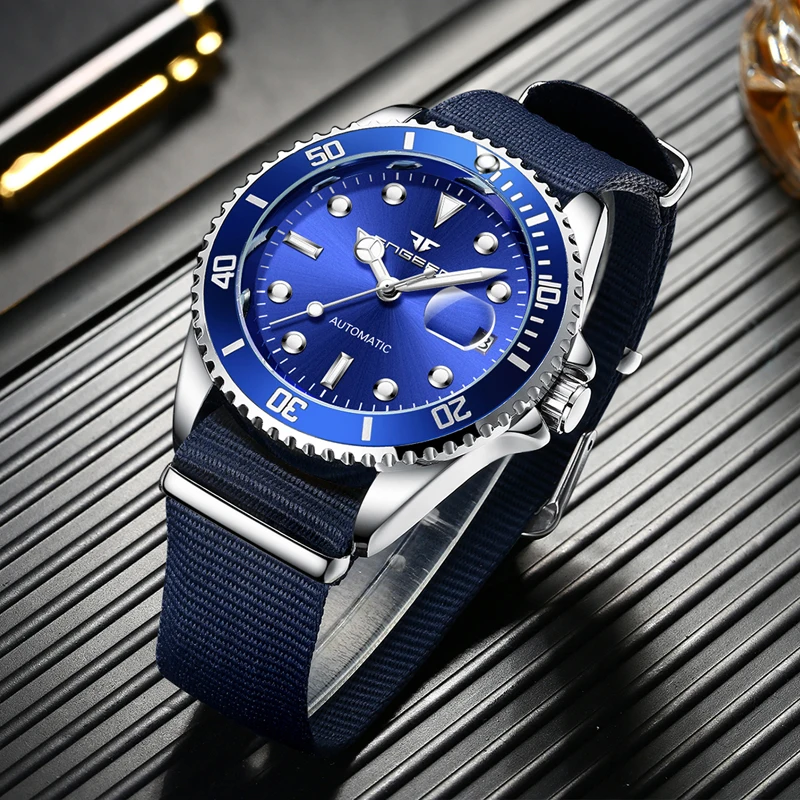 

FNGEEN Brand Hot Blue Mechanical Watches for Men Luxury Nylon Strap Date Automatic Watch Men Waterproof Clock Relogio Masculino