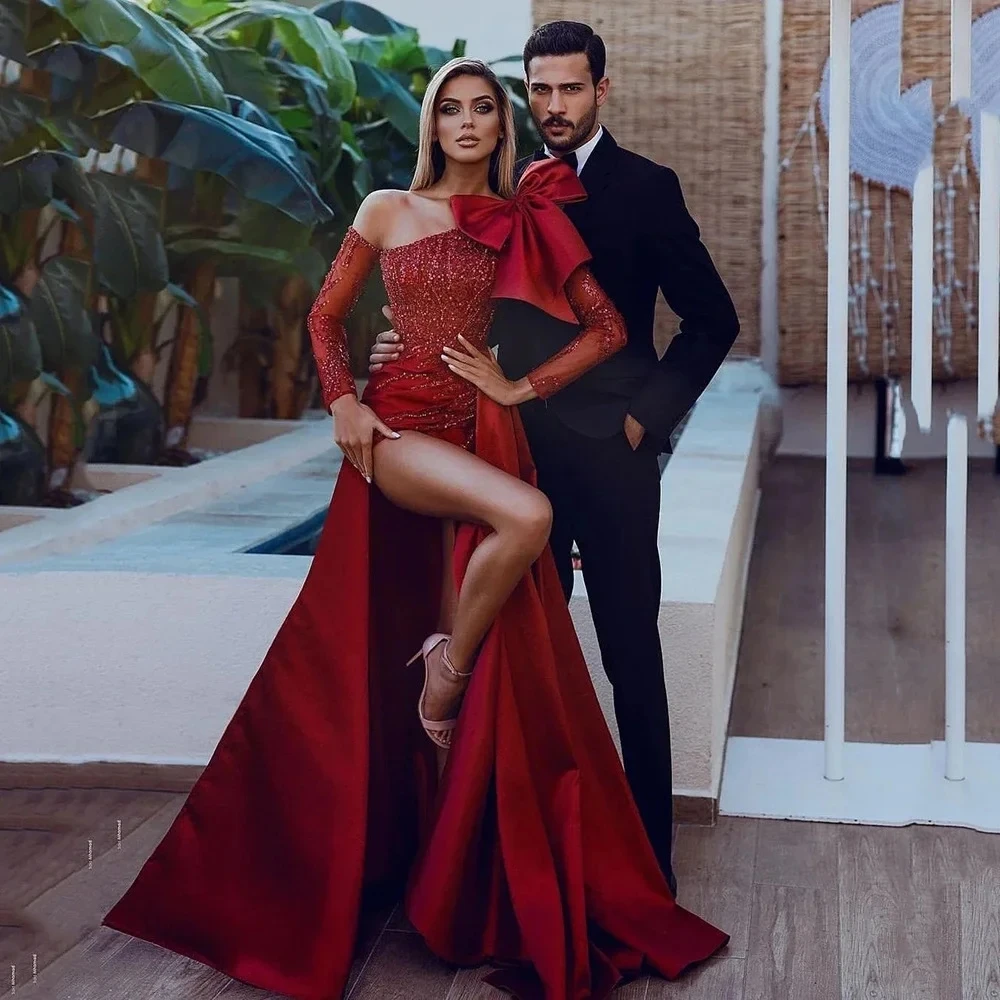 Vestidos con mangas de trompeta sexy y estilo sirena con hombros descubiertos Rojo Tallas Grandes