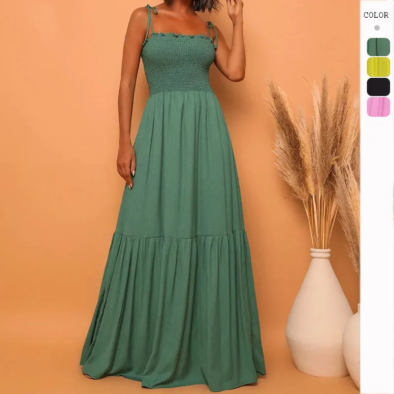 

2023 Solid Color High Waist Slimming Elegance Retro Sling Wide Hem Long Skirt Dress