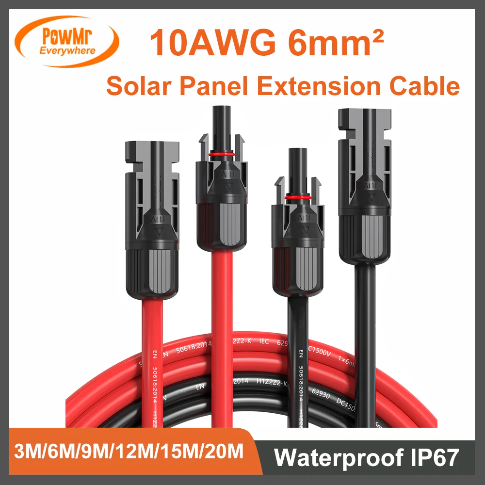 

3M 6M 9M 12M 10AWG 6mm² Solar Panel Extension Cable with 1500V Solar Connector Adaptor Kit Tool Black and Red IP67 Waterproof