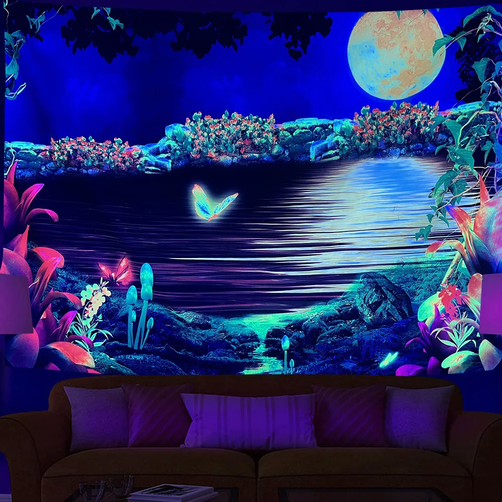 Tapestry Decor Fluorescent mandala tapestry UV psychedelic mushroom decoration home bedroom aesthetic room art decoration