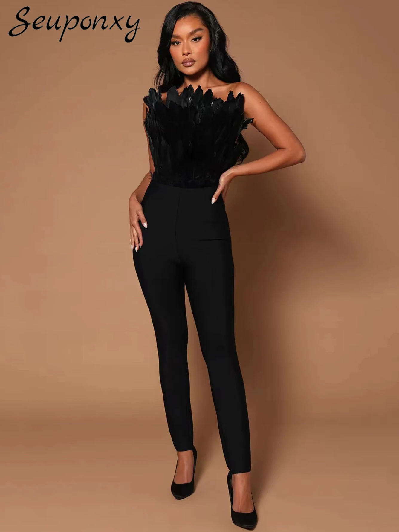 

High Quality Women'S Sexy Strapless Backless Feather Bandage Jumpsuit 2023 New Black Fashion High Street Party Pencil Jumpsuit