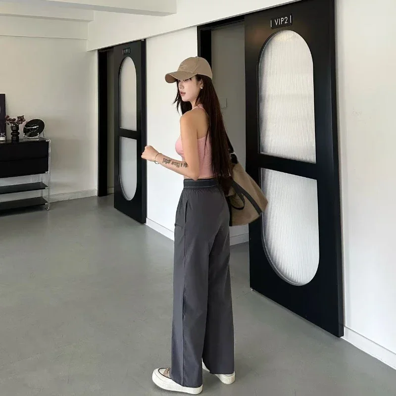 새로운 직조 하이웨이스트 속건성 루즈핏 와이드 레그 팬츠, 드레이프한 느낌의 스트레이트 레그 캐주얼 스포츠 팬츠