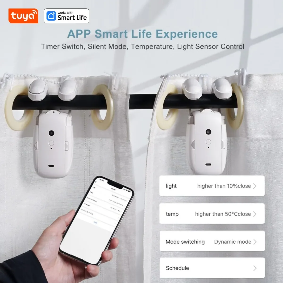 Robot per tende intelligenti Tuya, controllo intelligente dell'app Tuya 3 in 1/telecomando/controllo vocale (Alexa Google Siri) per binario con asta romana - immagine 4