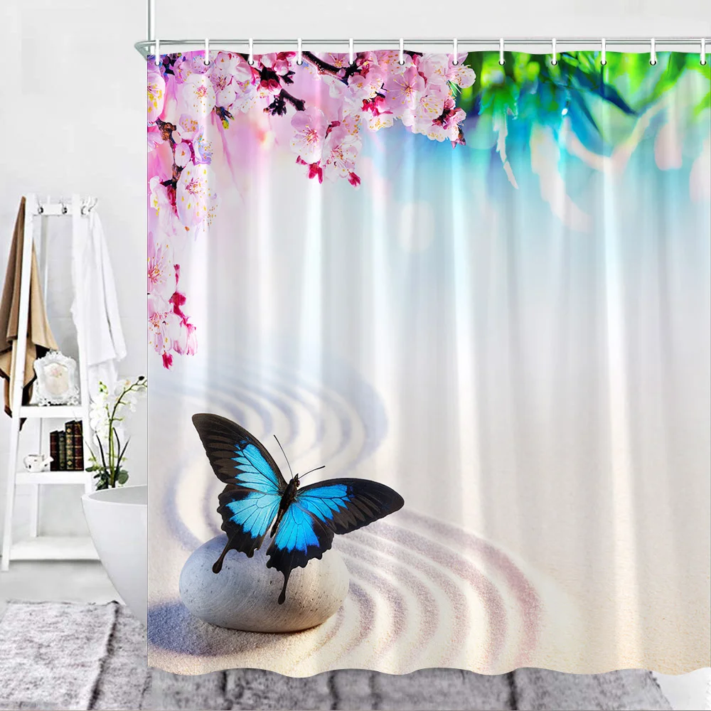 

Blue Purple Flowers Shower Curtain Purple Spring Floral bath Curtain with Hooks Light Watercolor Flower Pattern Home Decor