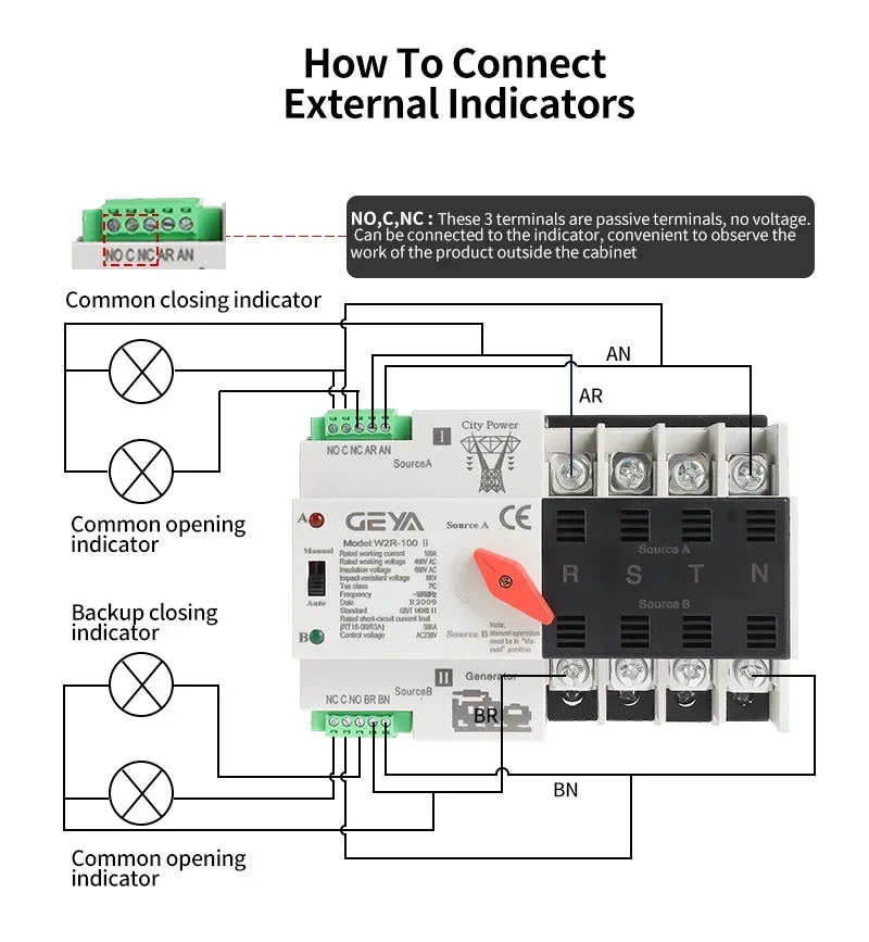 GEYA W2R ATS 110V 220V PC Dual Power Automatic Transfer Switch 63A 100A Household Power Transfer Switch 50/60Hz